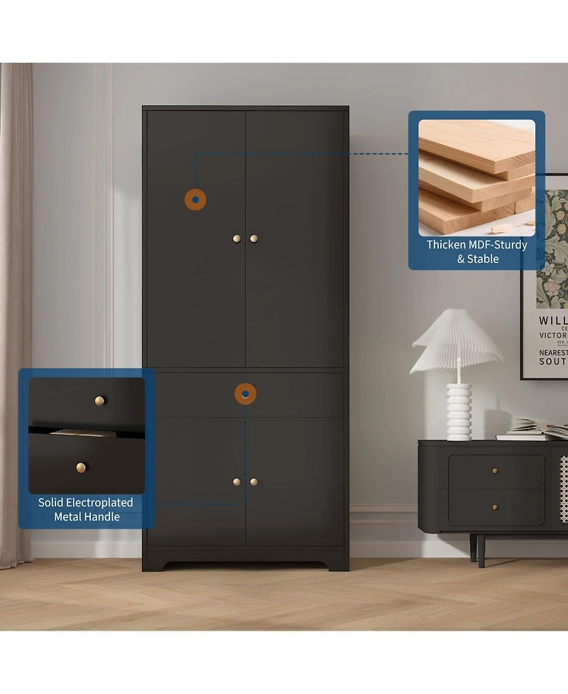 71" Modern Wooden Armoire Wardrobe with Drawer, 4 Doors and Adjustable Shelves,BlackandWhite