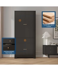 71" Modern Wooden Armoire Wardrobe with Drawer, 4 Doors and Adjustable Shelves,BlackandWhite