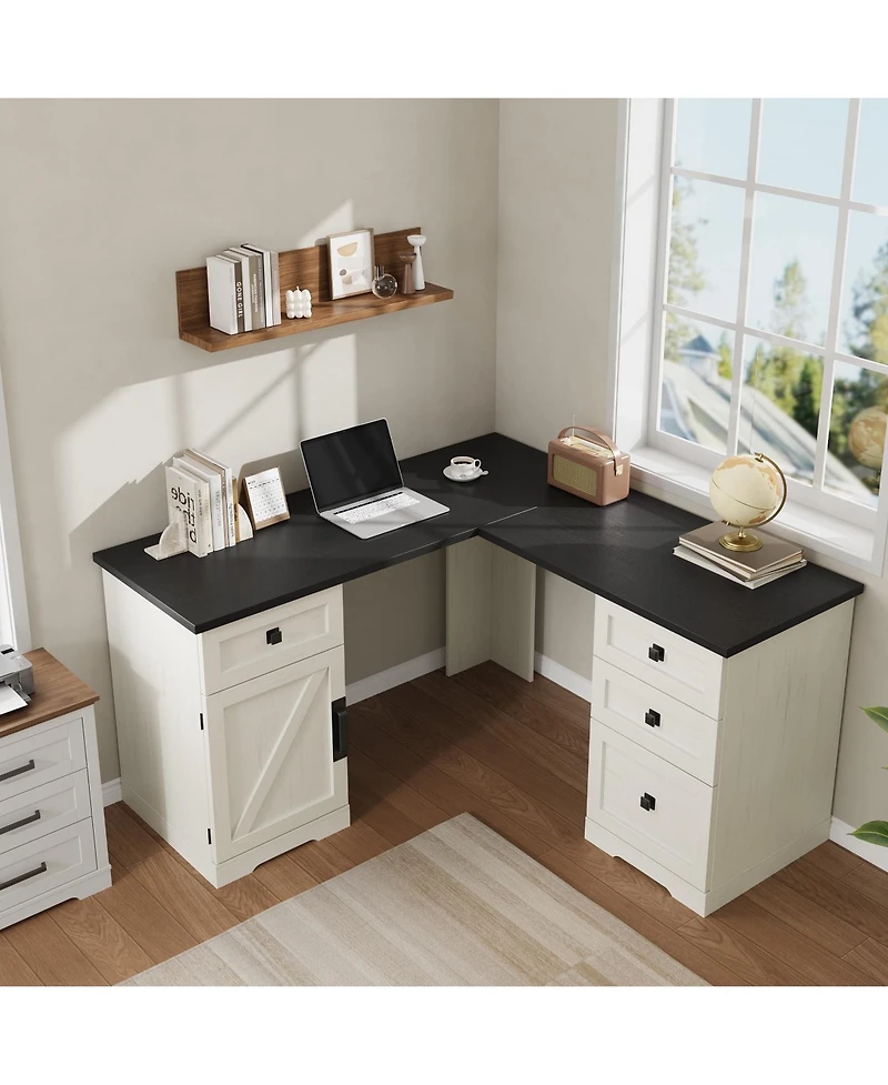 Farmhouse 60" L-Shaped Executive Desk with File Drawers and Adjustable Cabinet