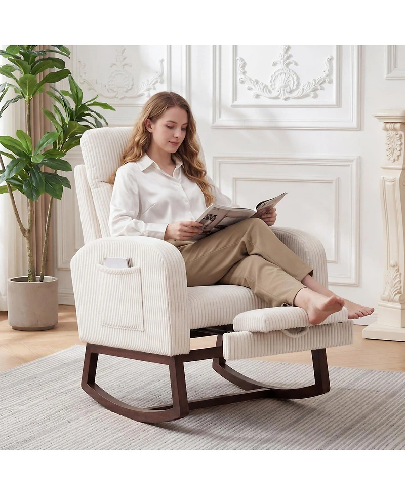 Nursery Glider Rocking Chair with Adjustable High Back, Side Pocket, Stuffed Animal Upholstered Nursing Rocker with Solid Wood Base for LIving Room