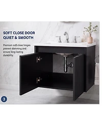 Wall Mounted Vanity with Sink 24 Inch Wood Fluted 2 Door Bathroom Cabinet 8" 3 Hole Ceramic Sink for Small Modern Bathroom