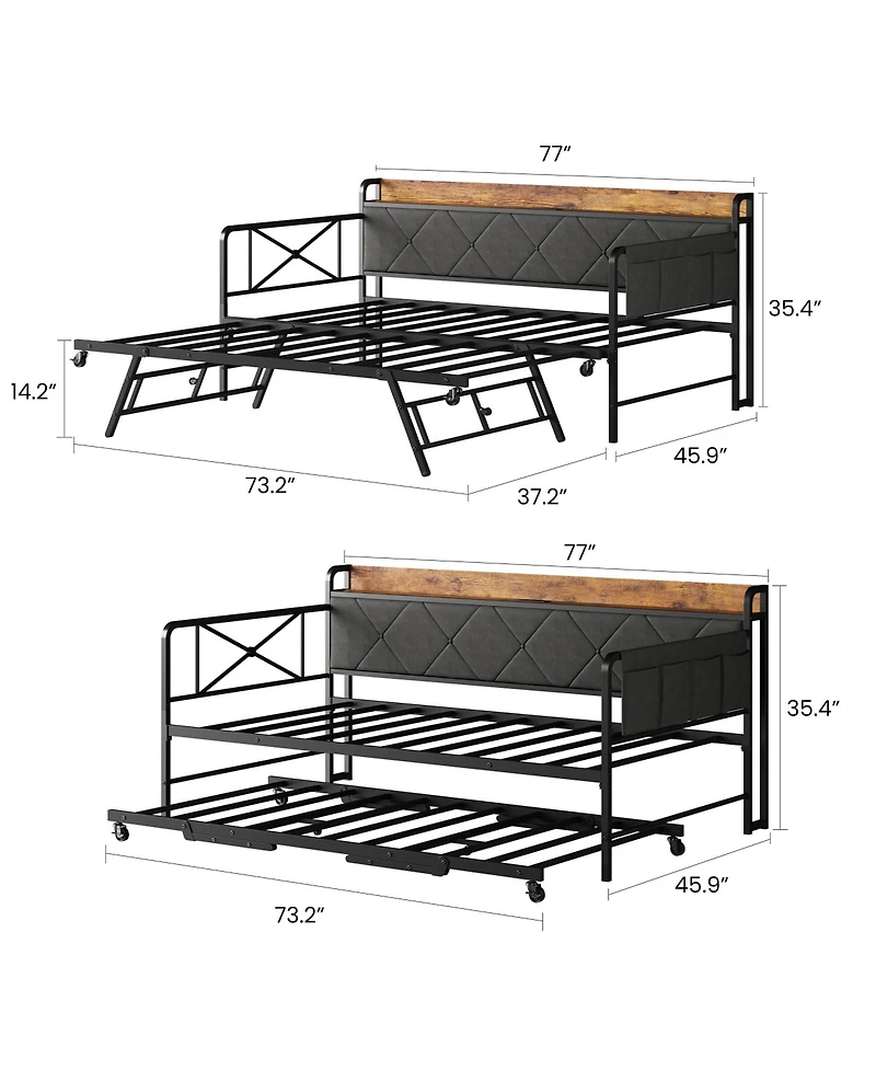 Daybed with Pull Out Trundle, Twin Bed Frame with Upholstered Headboard, Led Light, Usb Charging Station, Multi-Pocket Storage for Bedroom