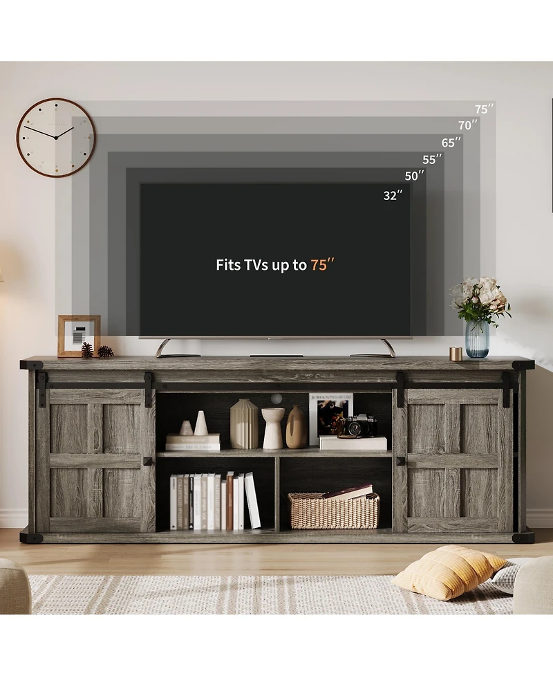 Farmhouse Tv Stand for TVs up to 75 Inch, Entertainment Center with Sliding Barn Doors, Storage Cabinets, Cable Management Hole, Media Console Table