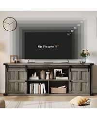Farmhouse Tv Stand for TVs up to 75 Inch, Entertainment Center with Sliding Barn Doors, Storage Cabinets, Cable Management Hole, Media Console Table