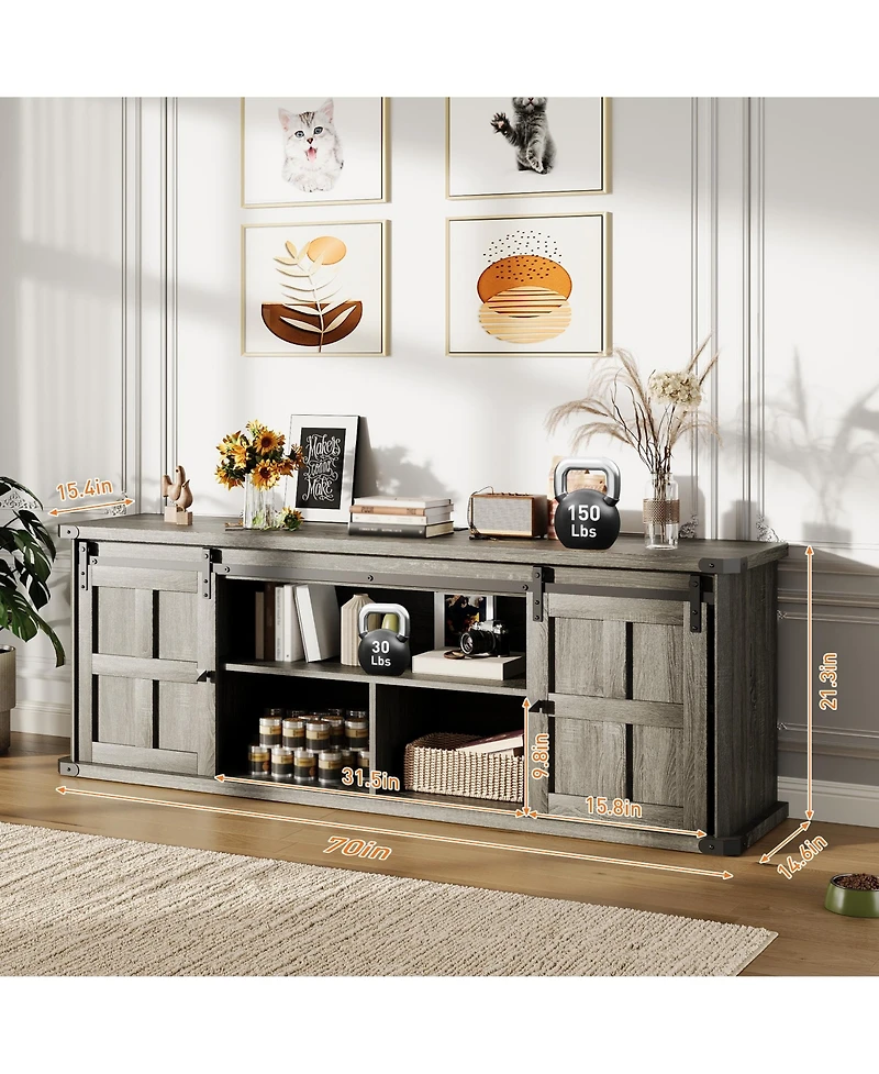 Farmhouse Tv Stand for TVs up to 75 Inch, Entertainment Center with Sliding Barn Doors, Storage Cabinets, Cable Management Hole, Media Console Table