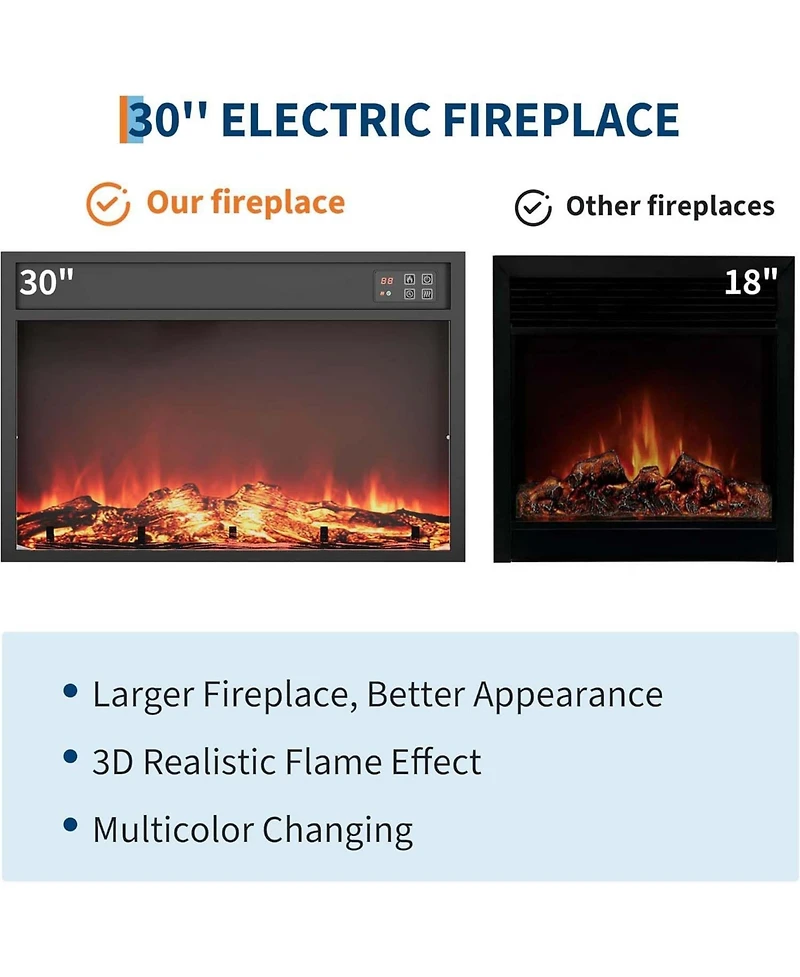 Electric Fireplace Insert 30 Inch Remote Control for Tv Stand Fits TVs Up to 65 Inches Overheating Protection 8H Timer Digital Display Black
