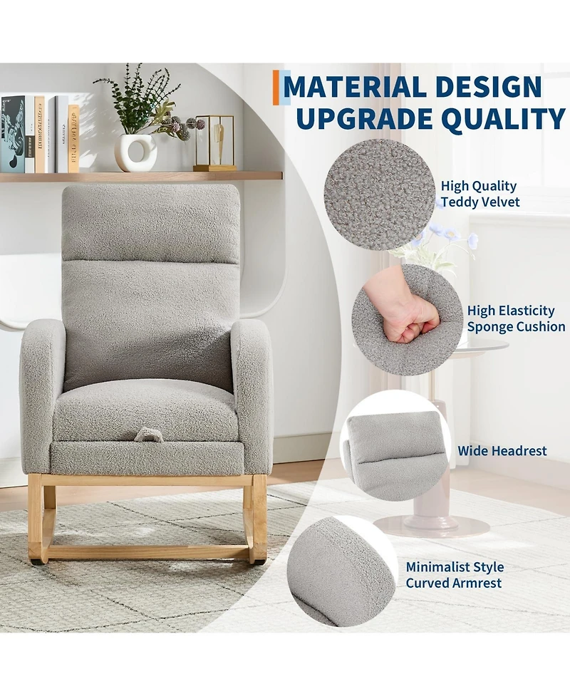 Rocking Chair Set of 2 Soft Fabric with Adjustable Footrest High Back Solid Wood Legs Dual Side Pockets for Living Room Nursery Dining Light Gray