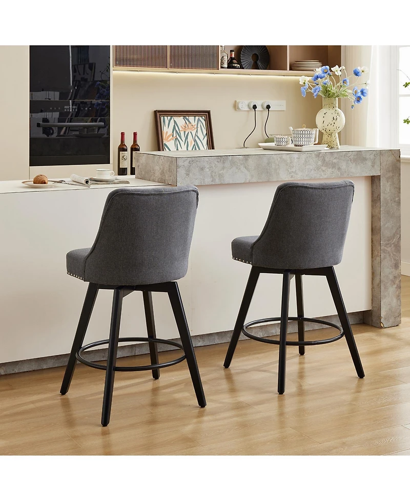 Modern Bar Stool Set of 2, 360 degrees) Swivel Counter Stool, Linen Upholstered Stool with Button Tufted Back, Footrest, Wooden Chair Set for Kitchen