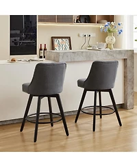 Modern Bar Stool Set of 2, 360 degrees) Swivel Counter Stool, Linen Upholstered Stool with Button Tufted Back, Footrest, Wooden Chair Set for Kitchen