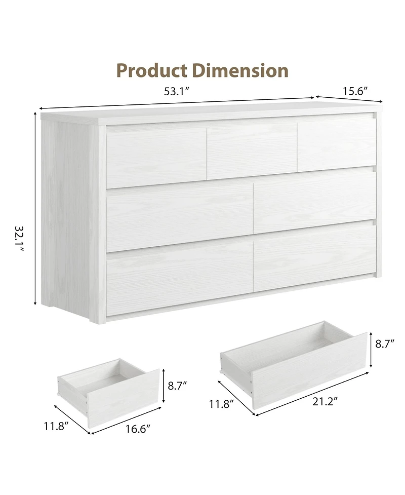 53 x 16 x 32 in 7 Drawer Dresser, Mid-Century Modern Handleless Chest of Drawers, Engineered Wood Storage Organizer for Bedroom, Embossed,White/Black