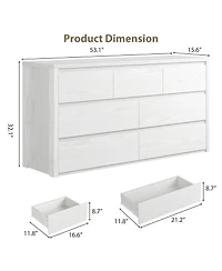 53 x 16 x 32 in 7 Drawer Dresser, Mid-Century Modern Handleless Chest of Drawers, Engineered Wood Storage Organizer for Bedroom, Embossed,White/Black