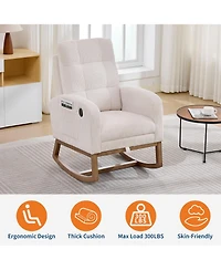 Upholstered Nursery Rocking Chair Glider Rocker Recliner w/Footrest, Side Pocket and Usb Port and Footrest, High Backrest Rocker Recliner for Nursery