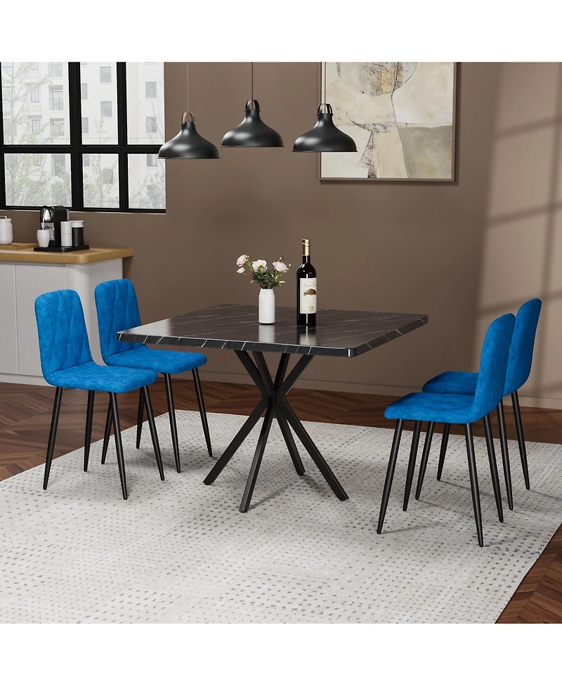 Flynama Square Dining Table Set for 4, Modern Faux Marble Dining Table with 4 Pu Chairs, Mdf Top and Iron Legs, Space Saving Kitchen Dining Set