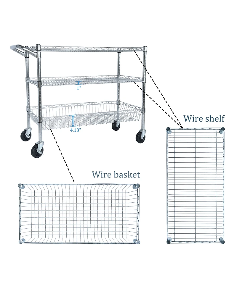 Streamdale Furniture 3-Tier Heavy Duty Rolling Utility Cart with Handle and Shelf Liners