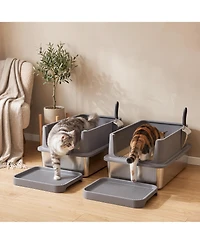 PawHut 2 Pack Xl Stainless Steel Litter Box with Tracking Step and Scoops
