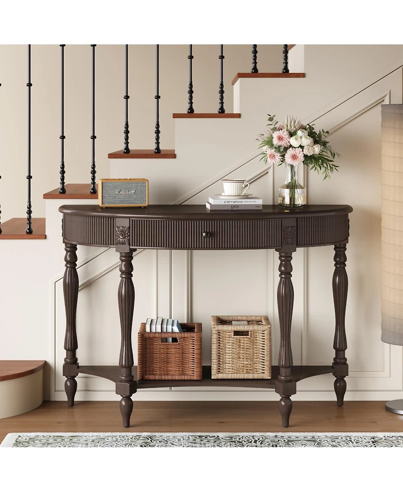 Streamdale Furniture Solid Wood Half Moon Console Table with Drawer and Shelf, Deep Rustic