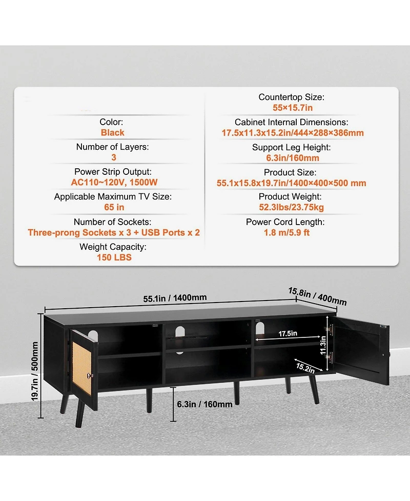 Slickblue Tv Stand with Rattan Doors and Built-In Power Socket, Modern Media Console for Home