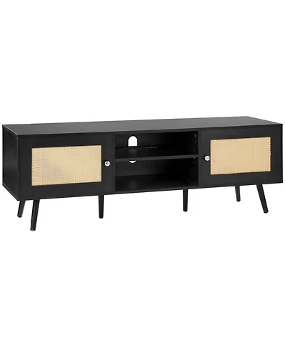Slickblue Tv Stand with Rattan Doors and Built-In Power Socket, Modern Media Console for Home