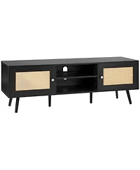 Slickblue Tv Stand with Rattan Doors and Built-In Power Socket, Modern Media Console for Home