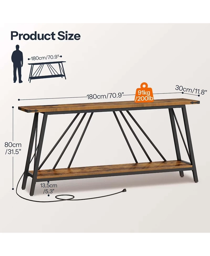 Slickblue 2-Tier Industrial Entryway Console Table with Charging Station and Storage Shelf