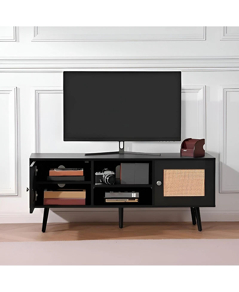 Slickblue Rattan Tv Console with Adjustable Shelves, Media Cabinet Stand for Living Room & Bedroom