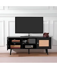 Slickblue Rattan Tv Console with Adjustable Shelves, Media Cabinet Stand for Living Room & Bedroom
