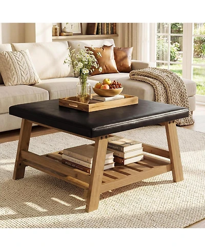 Tribesigns Square Ottoman Coffee Table, 31.5-Inch Faux Leather Ottoman with Solid Wood Storage Shelf