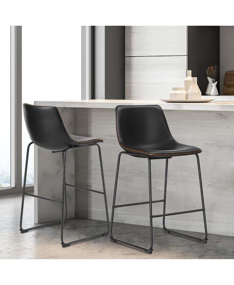 Yiortwo Set of 2 Faux Leather Outdoor Dining Chairs Metal Leg Footrest Mid Century Stools for Patio Kitchen