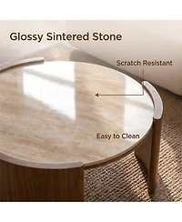 Streamdale Furniture Modern Round Sintered Stone Coffee Table with Walnut Legs