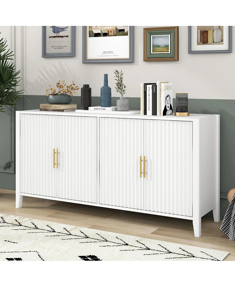 Streamdale Furniture 61" Modern 4-Door Wavy Slatted Sideboard Storage Cabinet