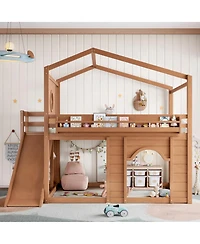Streamdale Furniture Full Size House Loft Bed with Slide, Wardrobe and Bookshelves