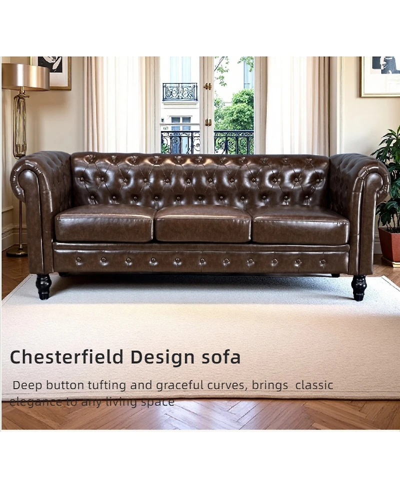 Streamdale Furniture Traditional Tufted Pu Leather Sofa with Solid Wood Legs
