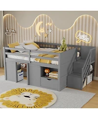 Streamdale Furniture Full Size Wood Low Loft Bed with Stairs, Storage and Led Lights