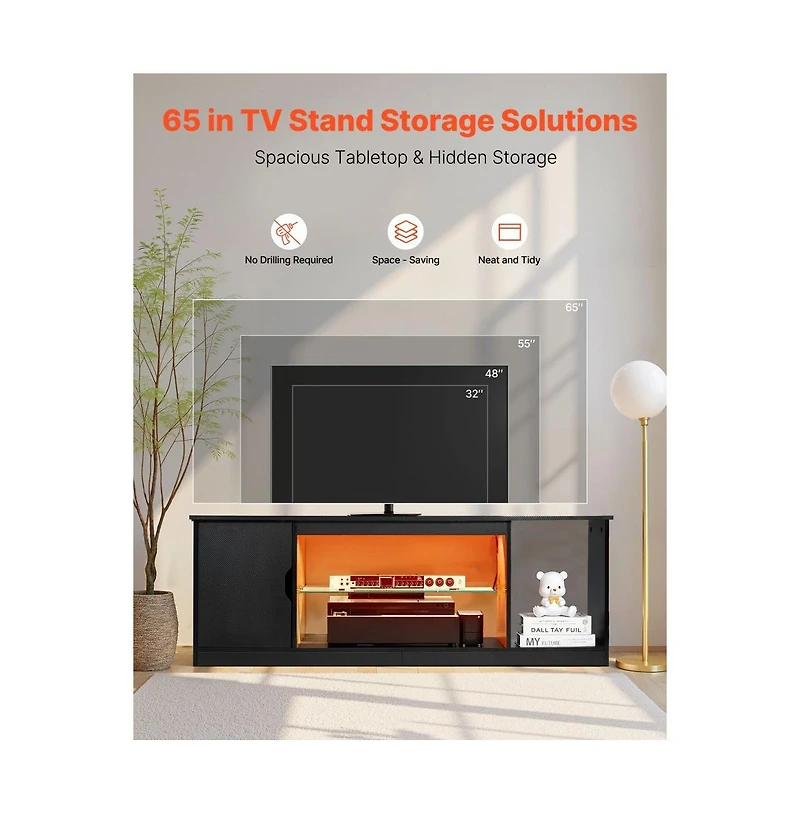 Slickblue Entertainment Center Tv Stand with Glass Shelf, Adjustable Shelves and Led Light Strip