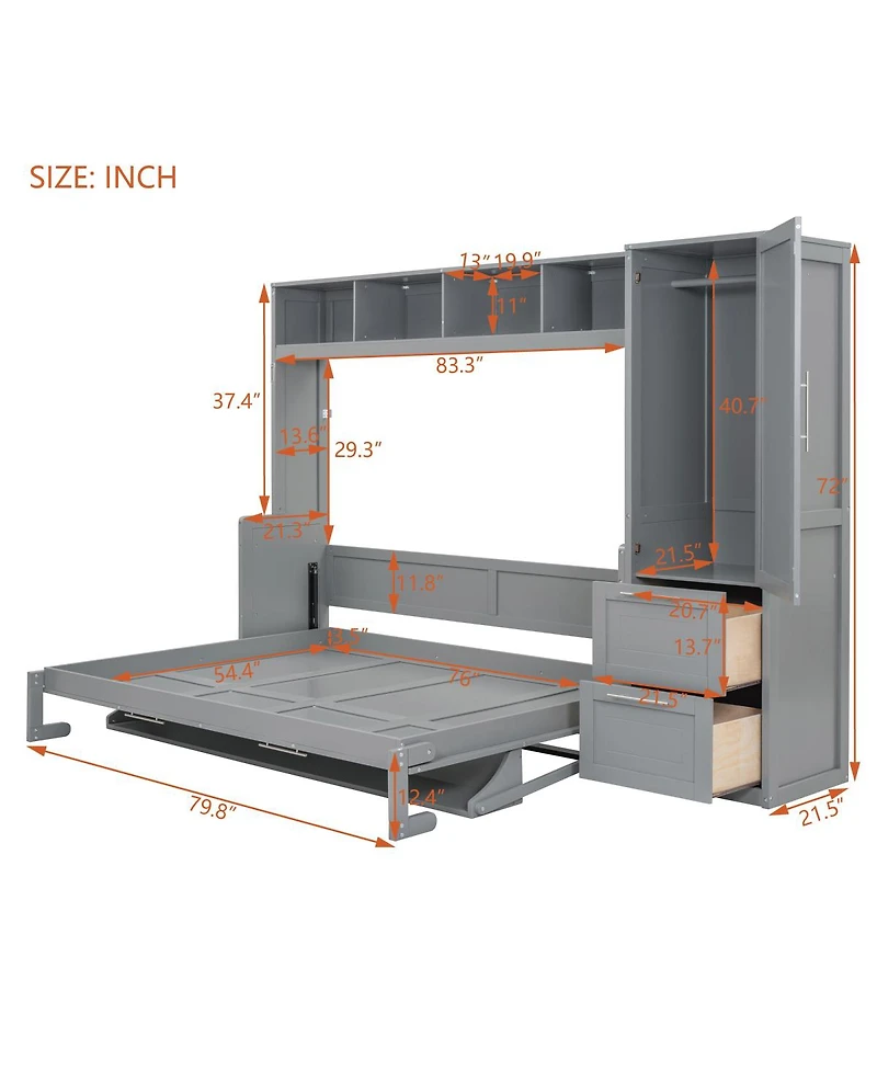 Streamdale Furniture Full Size Murphy Bed with Closet and Drawers