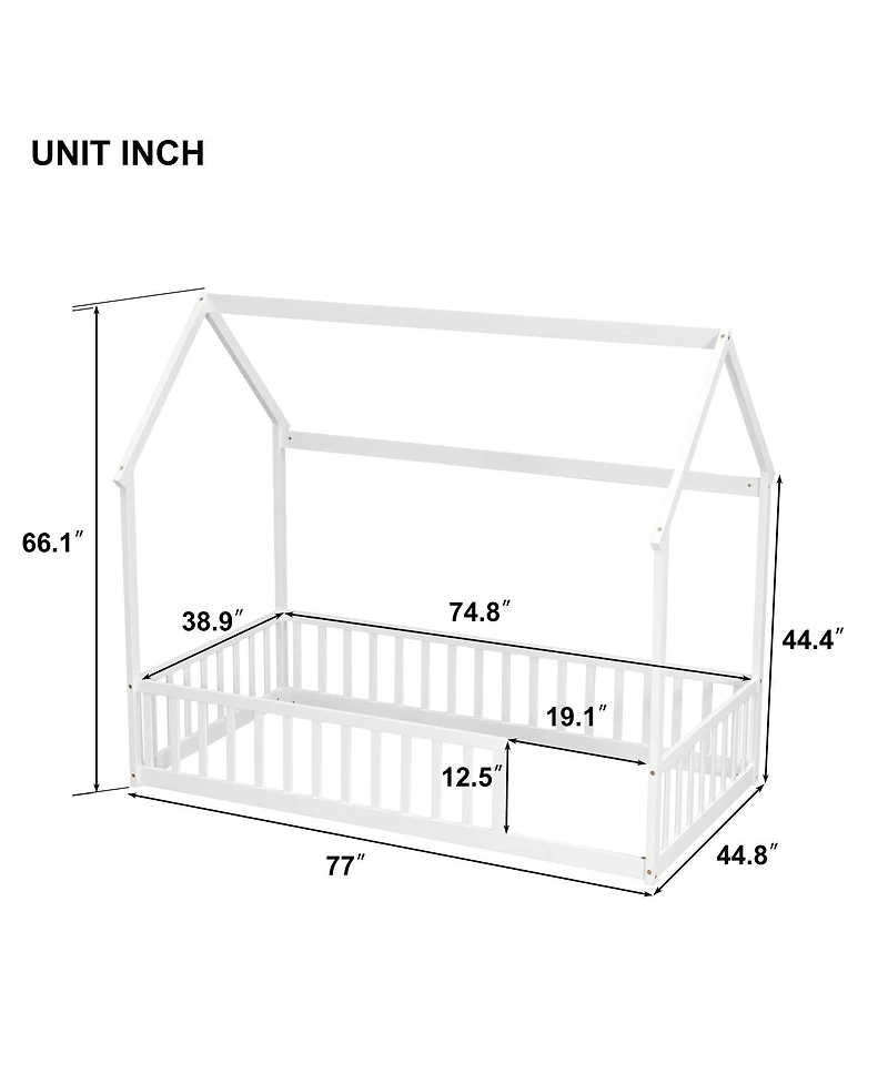 Streamdale Furniture Twin House Floor Bed with Roof and Safety Guardrails