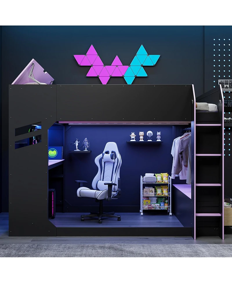 Streamdale Furniture Full Size Wood Loft Bed with Desk, Storage, Drawers and Rgb Lights