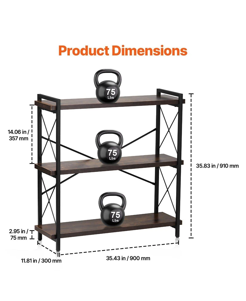 Slickblue Freestanding 3-Tier Bookshelf with Metal Frame, Rustic Storage Shelving Unit for Bedroom and Living Room