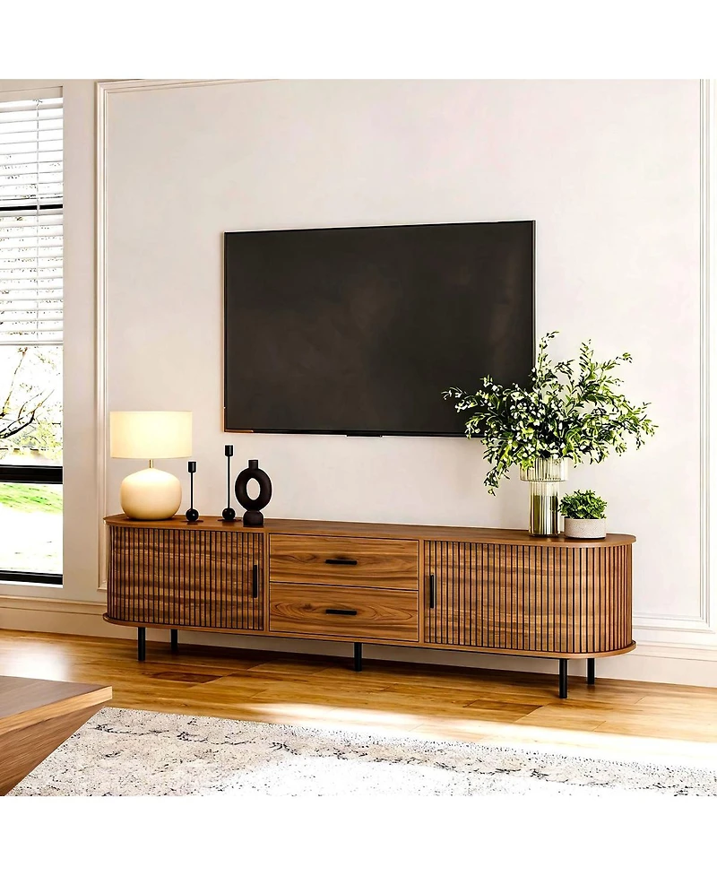 Tribesigns 70" Mid-Century Tv Stand with Sliding Doors and Shelves