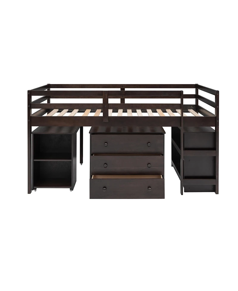 Clihome Low Study Twin Loft Bed with Cabinet and Rolling Portable Desk