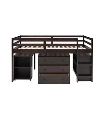 Clihome Low Study Twin Loft Bed with Cabinet and Rolling Portable Desk