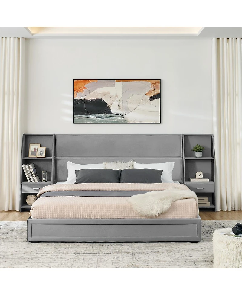 Streamdale Furniture King Size Velvet Storage Platform Bed Frame with Bookcases and Drawer