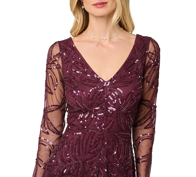 Adrianna Papell Petite Long-Sleeve Sequined V-Neck Gown