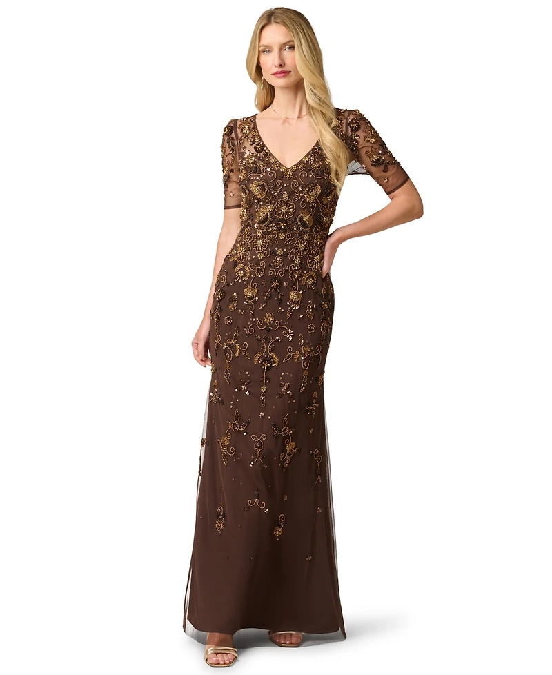 Adrianna Papell Petite Sequin V-Neck Gown