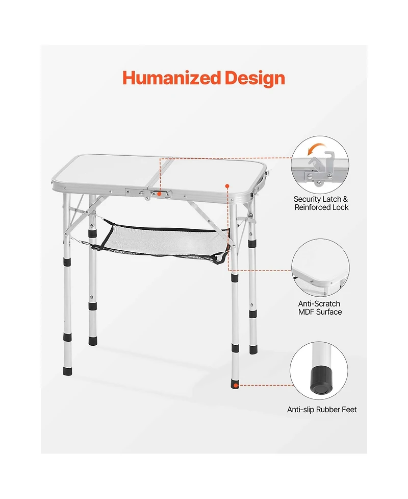 Mountaintop Folding Camping Table, Adjustable Height Side Tables, Aluminum Mdf Beach Table with Mesh Layer, Carrying Handle