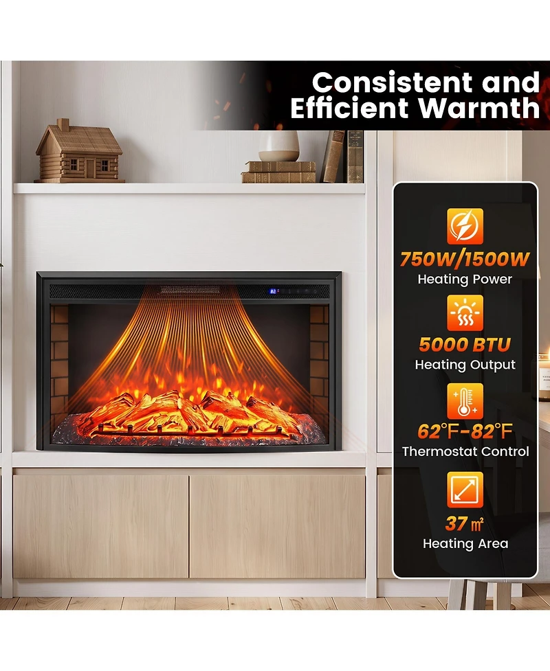 Gymax 36'' Curved Recessed Electric Fireplace Insert 750W/1500W Fireplace Heater Black