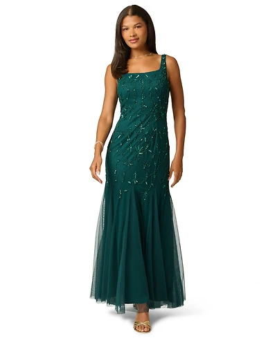 Adrianna Papell Women's Beaded-Mesh Square Neck Long Dress