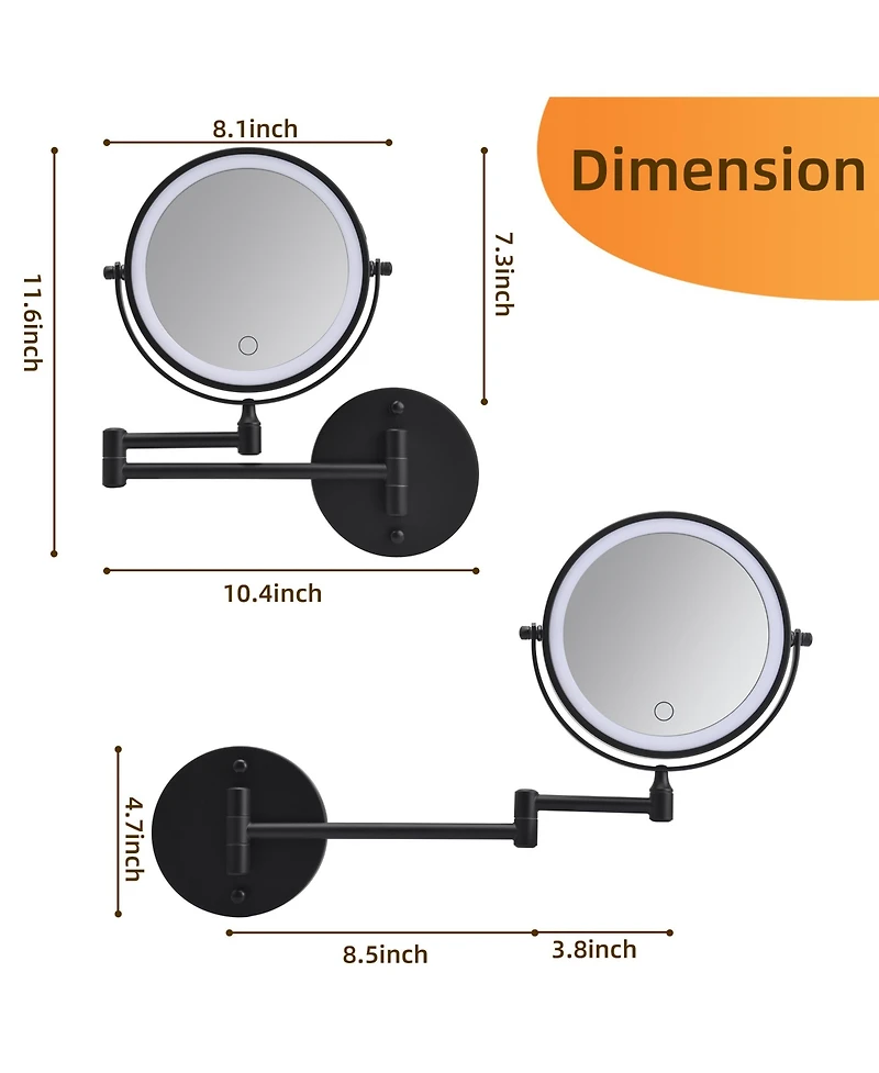 Busdays 8 Inch Rechargeable Wall Mounted Makeup Mirror Double Sided 1x 10x Magnifying with Lights 360 Rotation Foldable Arm for Bathroom Shaving