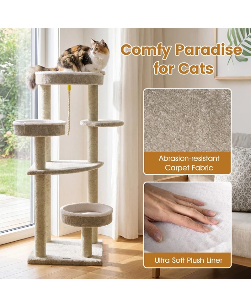Sugift Carpeted Cat Tree 51 Inch with Oversized Top Perch and 2 Round Beds for Indoor Cats