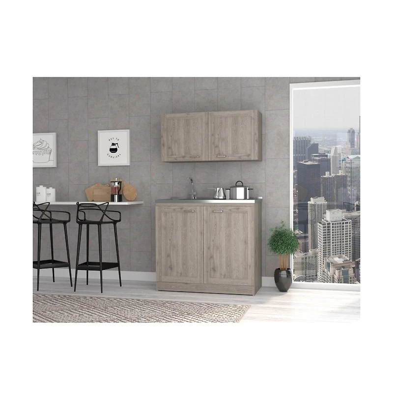 Fm Furniture Everett Kitchen Cabinet Set with Wall Cabinet, Storage Shelves, and Pantry